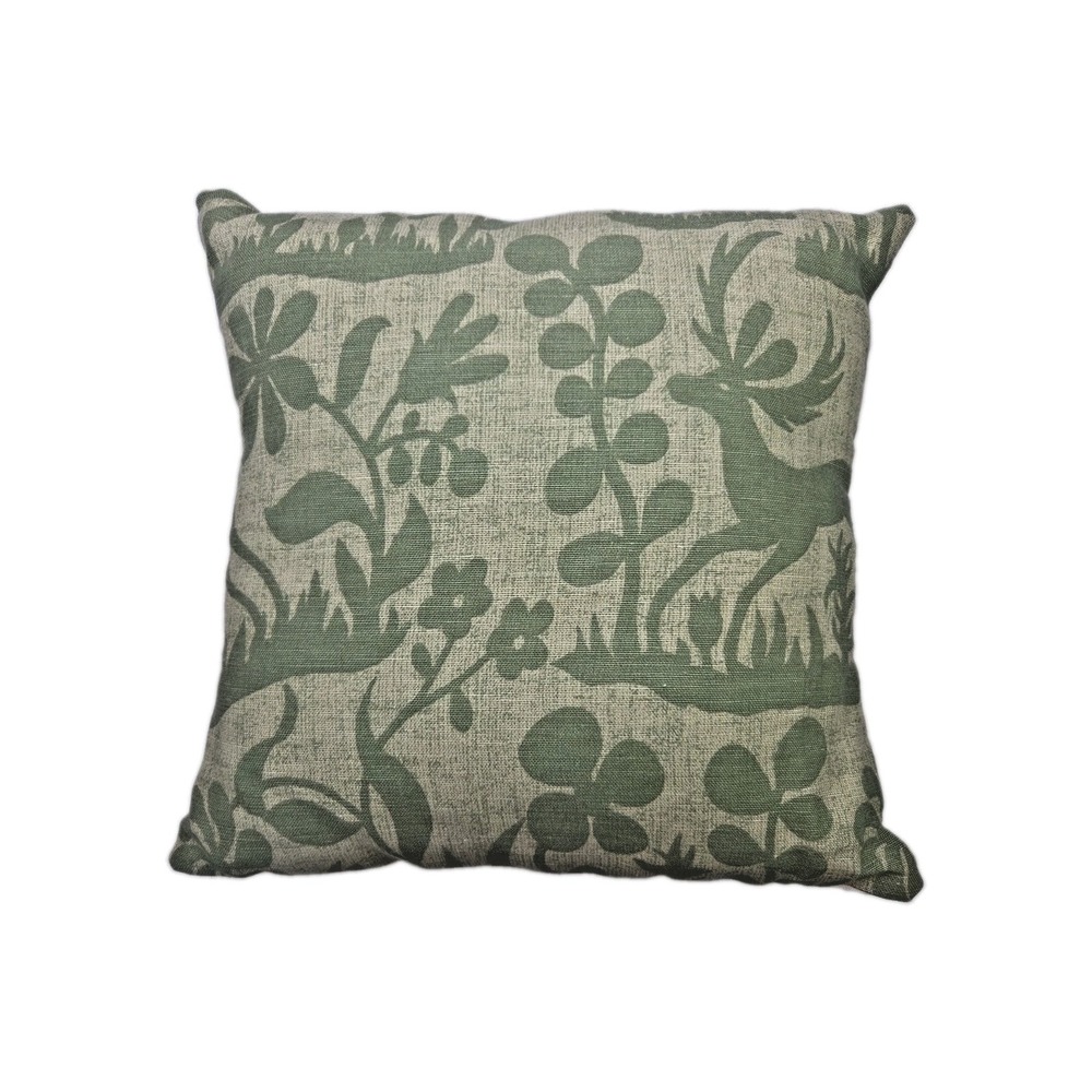 Thibaut Castle Pine Chestnut Floral Deer Green Decorative Throw Pillow 15" Hndmd